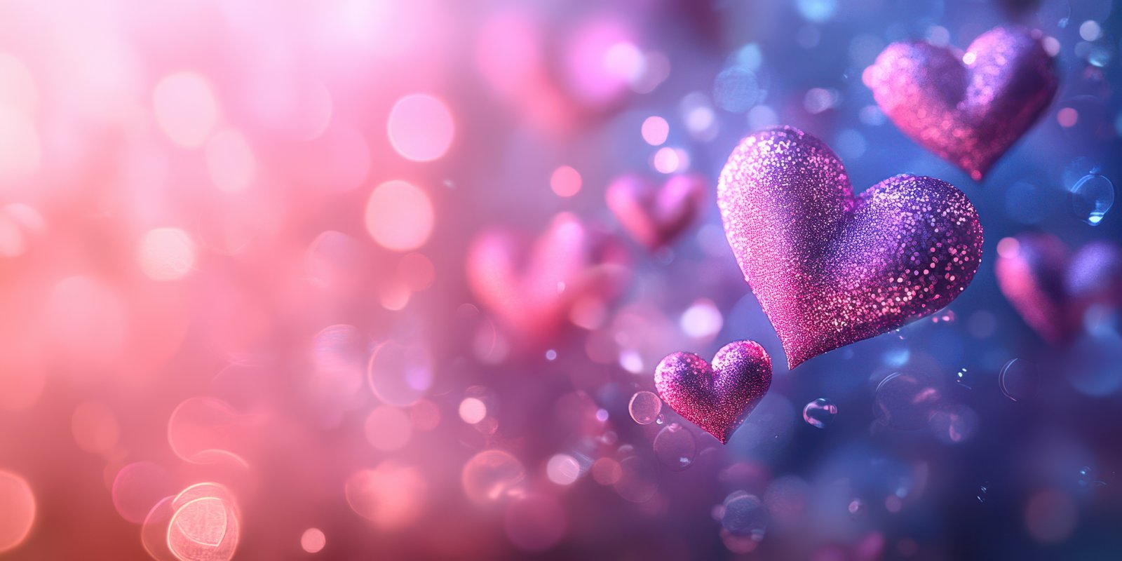 Floating hearts create a romantic atmosphere with sparkling effects and vibrant colors in a dreamy background